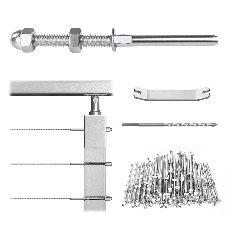 Muzata 50 Pack 1/8" Cable Railing Hardware Kit Hand Swage Threaded Stud Tensioner for 2x2 Metal Post T316 Stainless Steel Deck Cable Railing System CR23 - Image 1